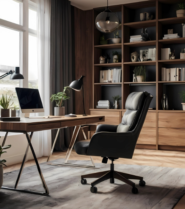 This modern home office features a wooden desk, swivel chair, desktop computer, and bookshelves. The large window with curtains and various potted plants add a touch of serenity to the space.