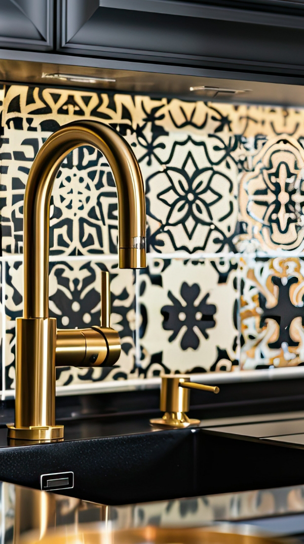 A brass kitchen faucet with a modern design complements the black and white tile backsplash, creating the perfect focal point for any luxury home remodel.
