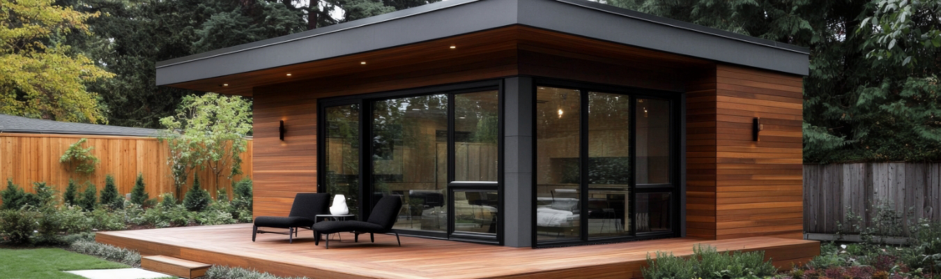 A modern wooden garden house with large windows, surrounded by trees and a well-kept lawn, showcases the elegance of luxury home remodeling services. Two black chairs on the wooden deck invite you to relax in this serene setting.