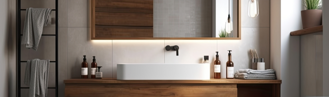 Modern bathroom with a wooden vanity, white basin, large mirror, toiletries, neatly folded towels, and potted plants designed by a home remodeling company.