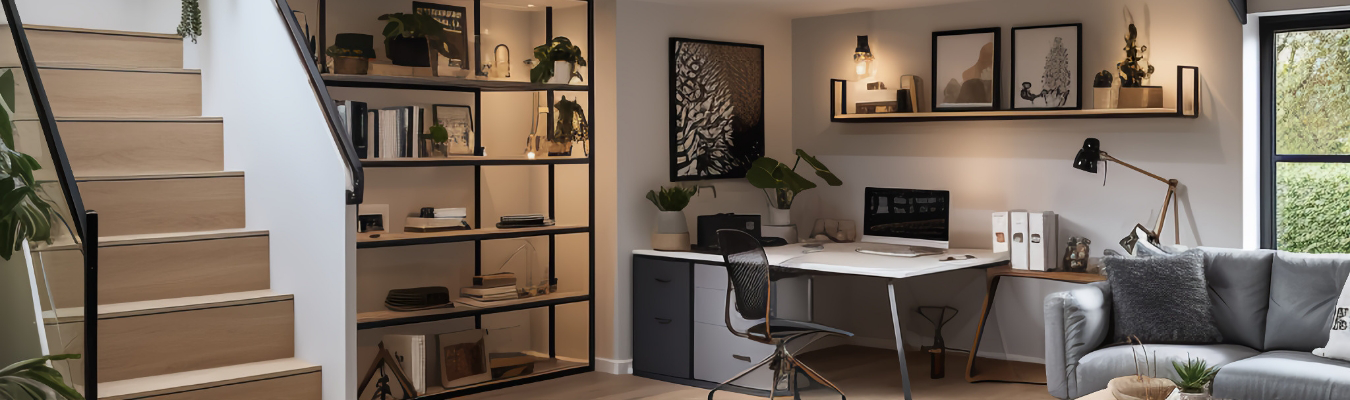 Modern home office with a desk, laptop, chair, bookshelf, and wall art. Stairs on the left and a sofa on the right create a cozy, organized workspace. Ideal for those seeking luxury home remodeling services to redefine comfort and style.