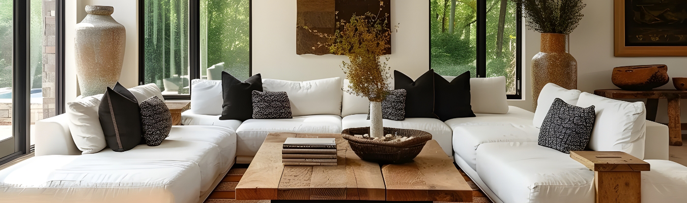 A modern living room features a white sectional sofa with black and patterned pillows, a wooden coffee table, and large vases, set against a backdrop of large windows overlooking greenery. Perfectly curated by a luxury home remodeling company, this space showcases elegance and style.