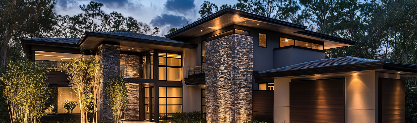 Modern two-story house with large windows, stone exterior accents, and warm outdoor lighting, surrounded by trees at dusk, transformed by expert home remodeling contractors.