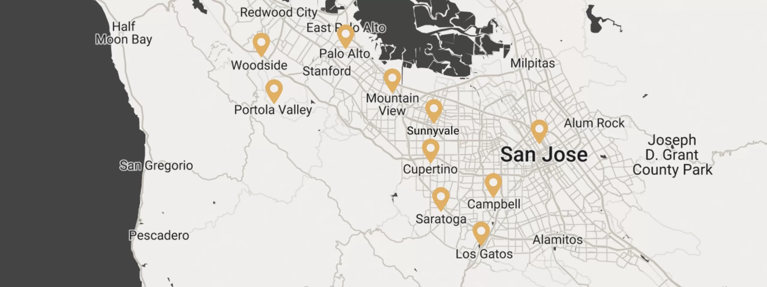Map highlighting locations served by Rama Build, all in the Bay Area in California.