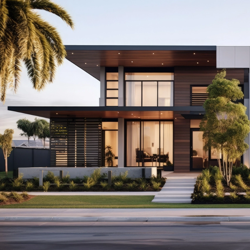 Modern two-story house with large windows, horizontal wood paneling, and minimal landscaping under a palm tree.
