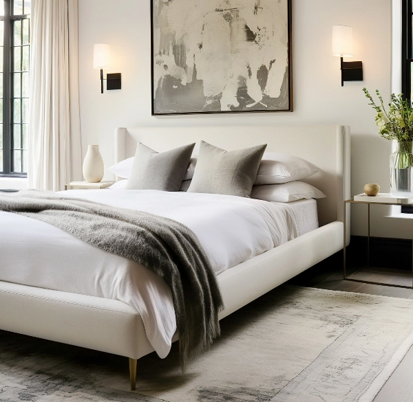 Modern bedroom with a low-profile white bed, gray and white bedding, and abstract wall art. Two wall sconces and a side table with a vase add to the minimalist decor.