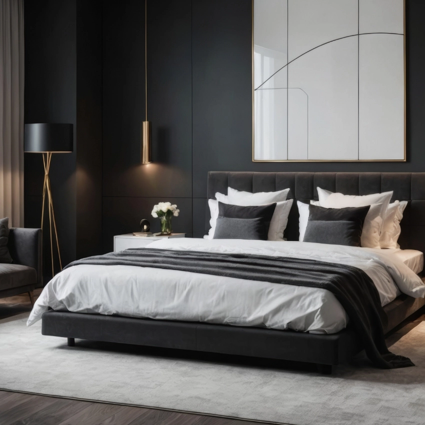 A modern bedroom with dark features and a cozy bed.