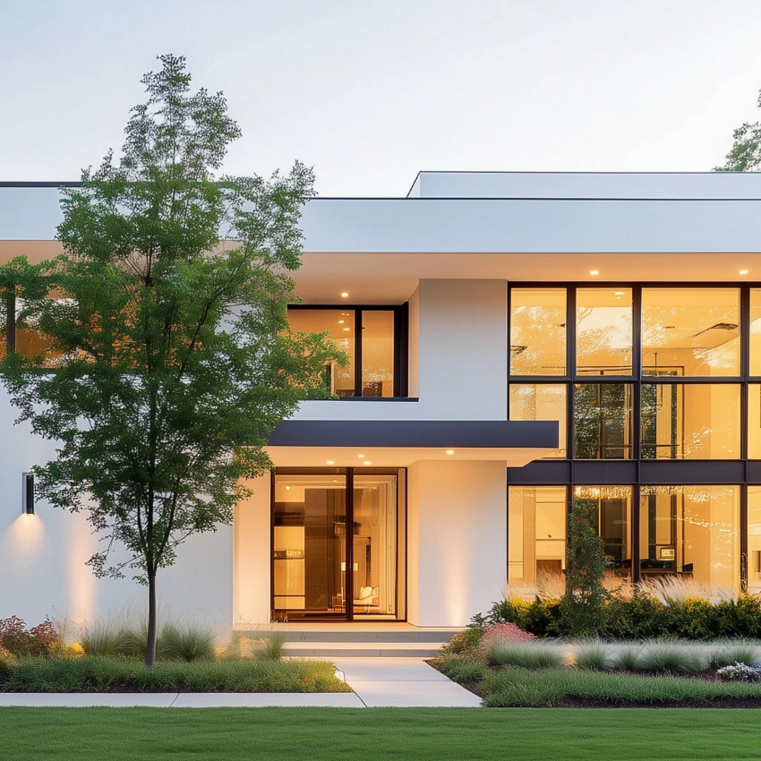 The exterior of a modern home with large windows.